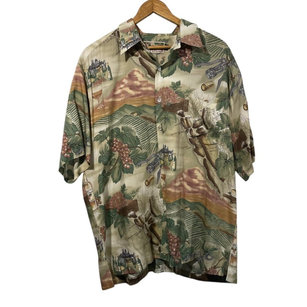 Vtg Tori Richard Mens L Button Up Shirt All Over Print Wine Vineyard Napa Valley